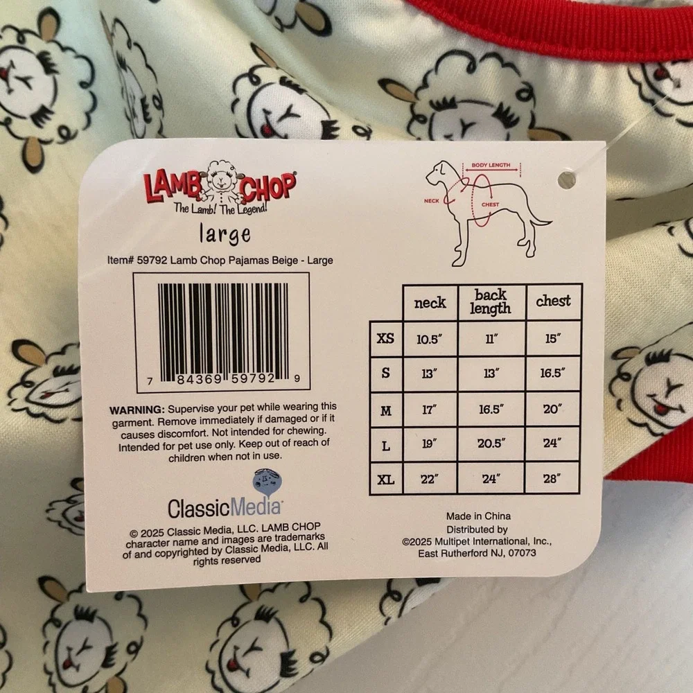 Lamb Chop Dog Pajamas Beige Red Multipet International Large 59792 NWT